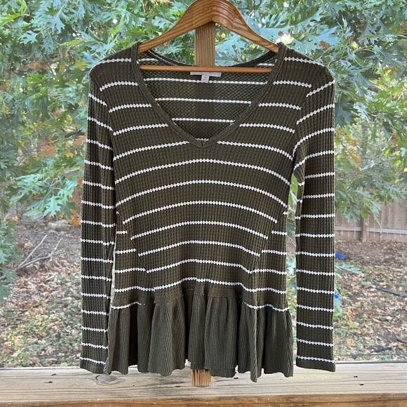 Anthropologie Eri & Ali Green & White Striped Ruffled Knit Top Size XS - Picture 1 of 8